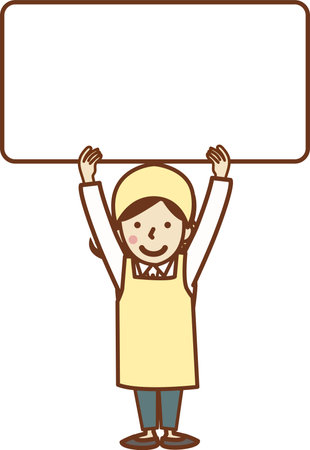 A woman in an apron holding a whiteboard. Copy space.のイラスト素材