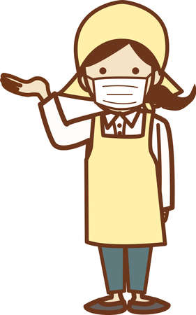 A woman in a mask and apron is guiding you. Here you go.のイラスト素材