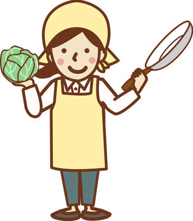 A smiling woman in an apron, holding a cabbage and a frying pan.のイラスト素材