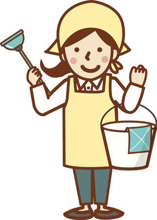 A woman in a smiling apron and triangular hood holding a rubber cup and a bucket.のイラスト素材