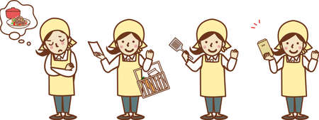 Set illustration of a woman in an apron. Thinking, buying, cooking, paychecking.のイラスト素材