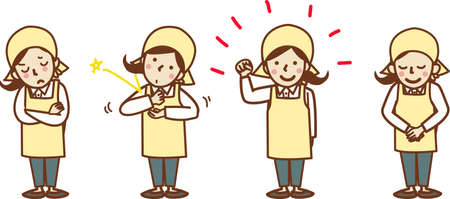 Set illustration of a woman in an apron posing with guts. Guts pose, arms crossing, explanation, greeting, inspiration.のイラスト素材