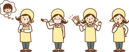 Set illustration of a woman in an apron. Think, child, guide, secret.のイラスト素材