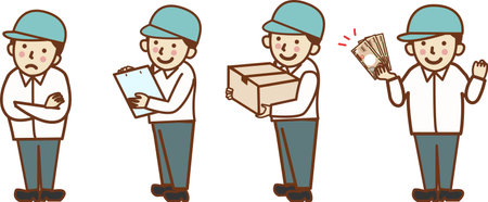 Set illustration of a male worker wearing a hat. Think, work, hold cardboard, have cash.のイラスト素材