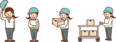 Set illustration of a working worker woman. Greetings, carrying luggage.のイラスト素材