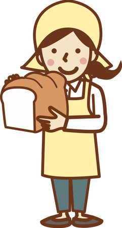 A smiling woman in an apron holding a loaf.のイラスト素材