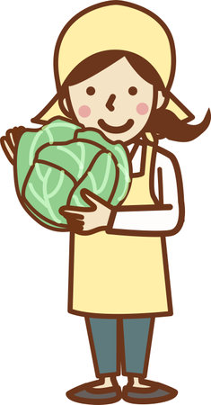 A smiling woman in an apron holding cabbage (vegetables).のイラスト素材