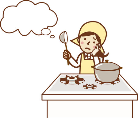 A woman in an apron with a troubled face holding a ladle in the kitchen and thinking about things.のイラスト素材