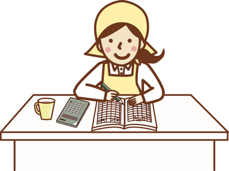 A woman in an apron filling out a notebook.のイラスト素材