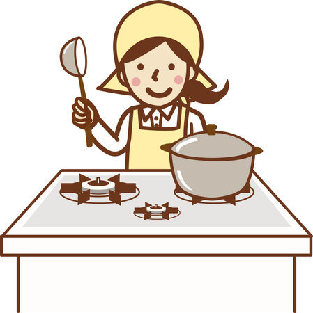 A smiling woman in an apron cooking.のイラスト素材