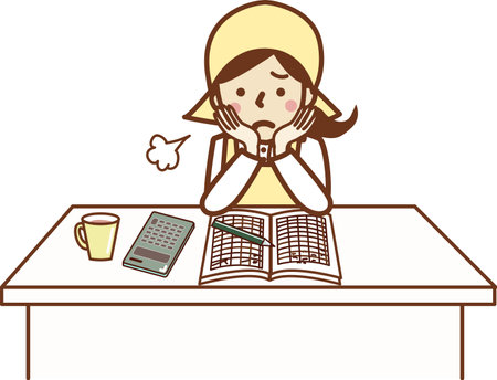 A woman in an apron sighs while looking at the calculator and notebook.のイラスト素材