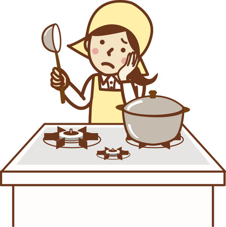 A woman in an apron with a troubled face holding a ladle in the kitchen and thinking about things.のイラスト素材