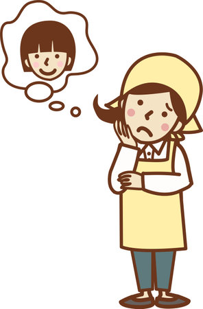 A woman in an apron with a hand on her cheek and a troubled face thinking about her child.のイラスト素材