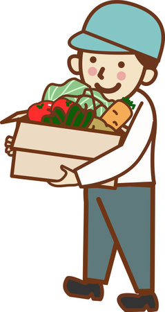 Smiling man in hat carrying vegetables.のイラスト素材