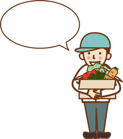 Smiling man in hat carrying vegetables. Copy space.のイラスト素材