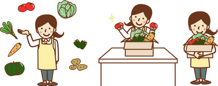 Set illustration of smiling woman in vegetables and apron. Inspection. Cardboard.のイラスト素材