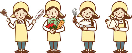 Set illustration of smiling woman in apron holding frying pan, cooking utensils, vegetables and lunch box packet.のイラスト素材