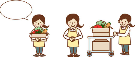 Set illustration of smiling woman in vegetables and apron. Balloon. Delivery. Greeting.のイラスト素材