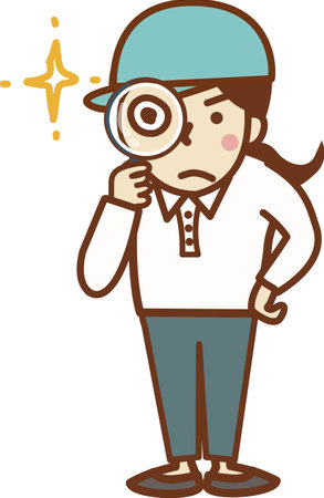 A female worker wearing a hat holding a magnifying glass.のイラスト素材