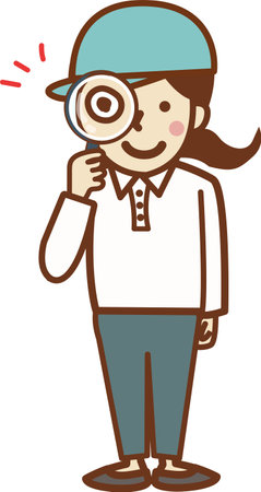 Smiling worker woman in a hat holding a magnifying glass.のイラスト素材