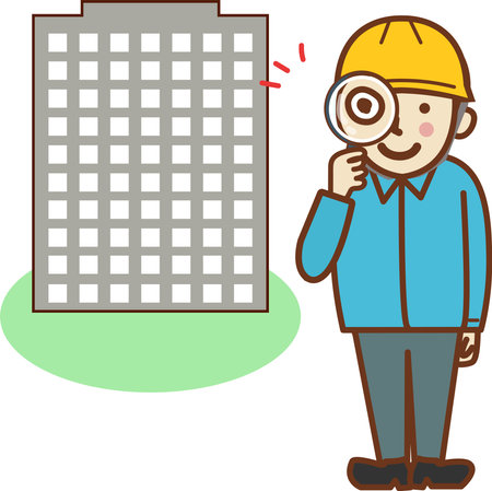 A male worker wearing a hat holding a magnifying glass in front of a building.のイラスト素材