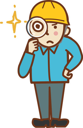 A male worker wearing a hat holding a magnifying glass.のイラスト素材