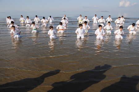Ehime, Japan - January 4: Japanese martial art houses training of karate at the new year at Ichinomiya beach. January 4, 2009 in Ehime, Japan.のeditorial素材