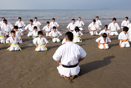 Ehime, Japan - January 3: Japanese martial art houses training of karate at the new year at the Ichinomiya beach. January 3, 2012 in Ehime, Japan.のeditorial素材