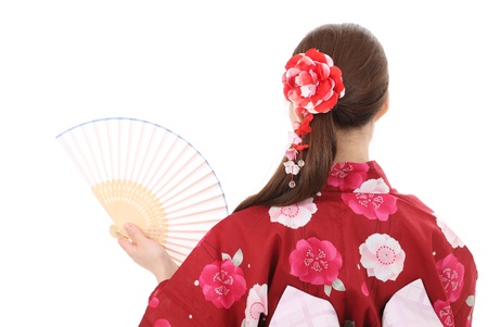 Back view of young asian woman in clothes of kimonoの写真素材