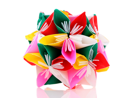 flower made of origami paper on white backgroundの写真素材