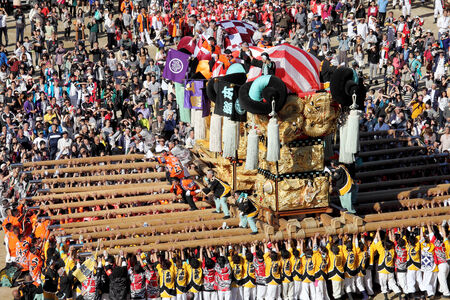 Ehime, Japan - Oct 17th, 2014 -. Golden large shrine festival in Nihama, Ehime, Japan This is the traditional event in autumn of Japan.のeditorial素材