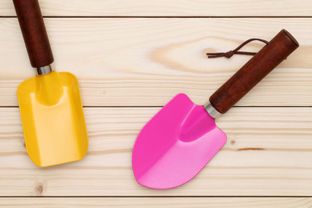 garden shovel on wood backgroundの写真素材