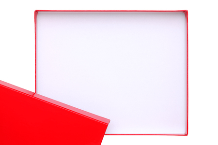 Open empty red and white box isolated on white backgroundの写真素材