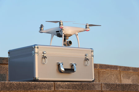 Drone before the flight on metal bag