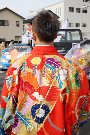 KAGAWA, JAPAN-JANUARY 7, 2018: Young Japanese man wearing traditional kimono for the coming of age day celebration, they turn twenty in Kagawa, Japan.のeditorial素材
