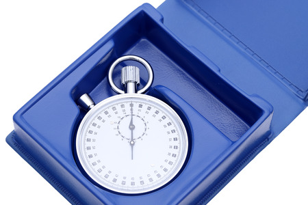 analogue stopwatch in a box on white backgroundの写真素材