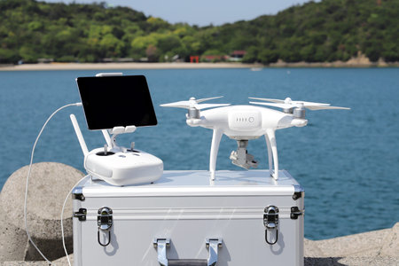 drone and remote controller with monitor on concrete jetty