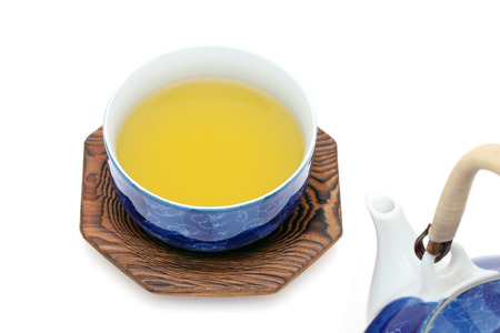Japanese green tea in a tea set with cup and potの写真素材
