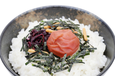 Japanese food, Rice chazuke or ochazuke with umeboshi and shisoの写真素材