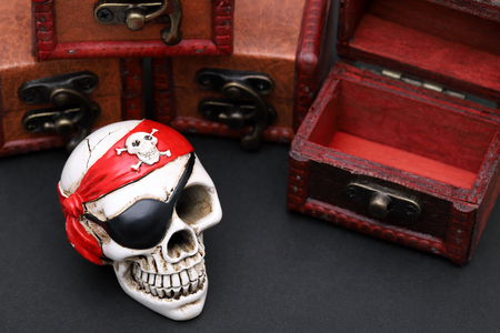 Skeleton pirate with treasure chest on dark backgroundの写真素材