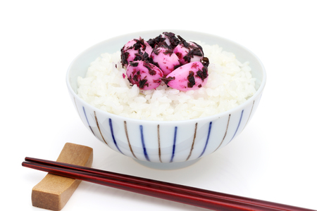 Japanese cooked white rice with shiso pickled garlicの写真素材