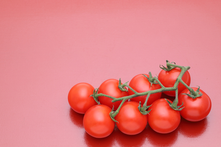 branch of cherry tomatoes on a red backgroundの写真素材