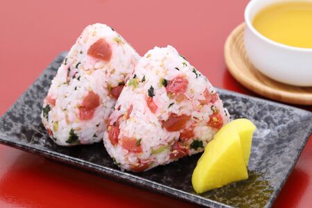 Onigiri, Japanese food, Japanese rice ball, rice triangle with umeboshi shirasuの写真素材