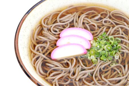 Japanese Kake soba noodles in a ceramic bowlの写真素材