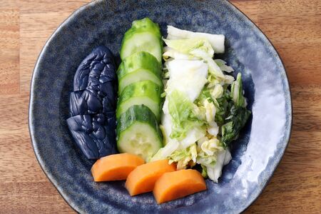 Japanese food, Vegetables pickled tsukemono, top viewの写真素材
