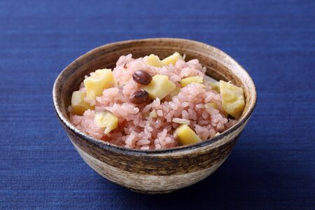 Japanese cooked sekihan rice with red beans in a bowlの写真素材