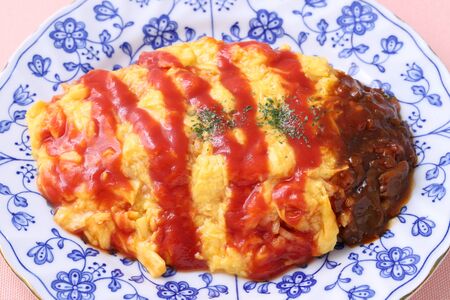 Japanese food, Omuraise with ketchup in a plateの写真素材