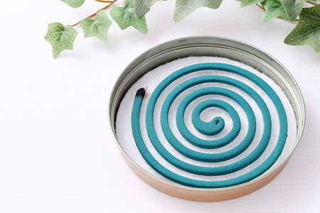 Classic green mosquito coil in a metal plate on white backgroundの写真素材