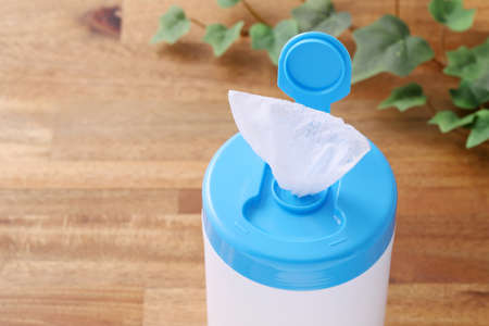 packaging wet tissue paper on wooden tableの写真素材