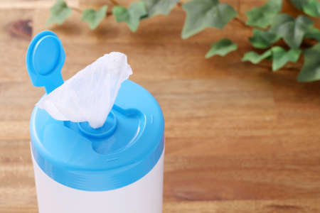 packaging wet tissue paper on wooden tableの写真素材